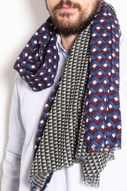 Égée - écharpe triptyque - laine et coton - bleu, bordeaux, noir, blanc