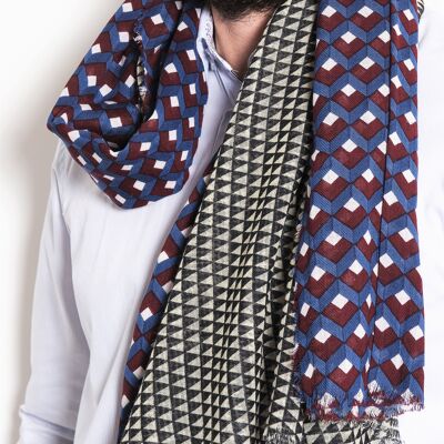 AGEEO - TRIPTYCH SCARF - WOOL AND COTTON - BLUE, BURGUNDY, BLACK, WHITE