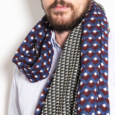 AGEEO - TRIPTYCH SCARF - WOOL AND COTTON - BLUE, BURGUNDY, BLACK, WHITE