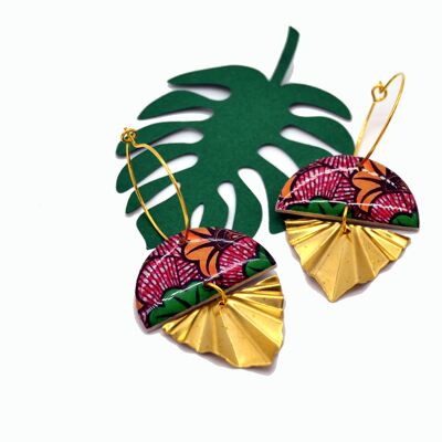 pink green resin wax paper half circle earrings and gold triangle leaf metal