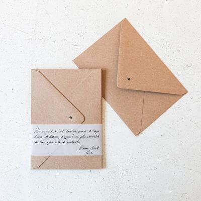 Seven swallowtail envelopes in recycled paper surrounded by a tracing paper tie with atmospheric phrase