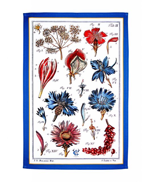 Tea Towel Colourful Botanical Floral Antique print Blue Border Luxury Cotton UK made Ideal Housewarming Gift