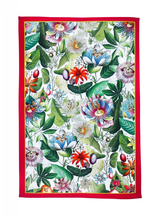 Passionflower Antique Botanical Print Tea Towel Cerise border UK Made (Copy)