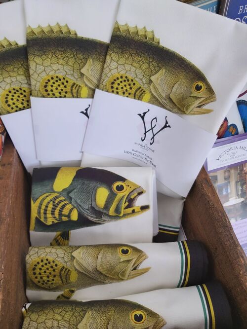 Yellow Fish Antique Print Tea Towel Black Edge UK Made