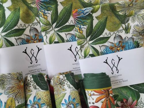 Passionflower Antique Botanical Print Tea Towel Green border UK Made