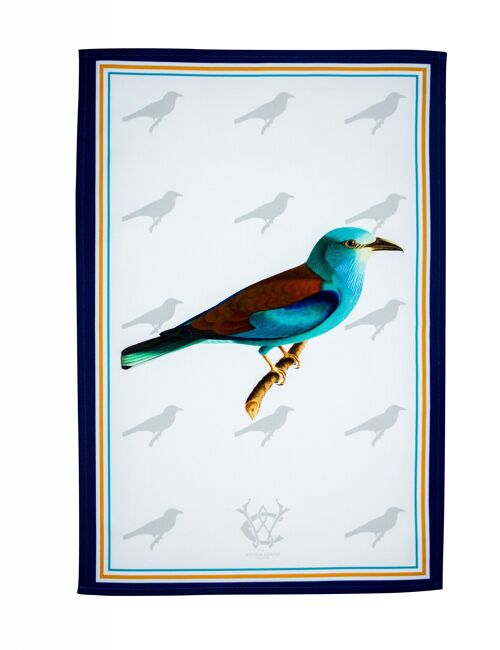 European Roller Blue Bird Antique Print Tea Towel 100% Cotton UK Made