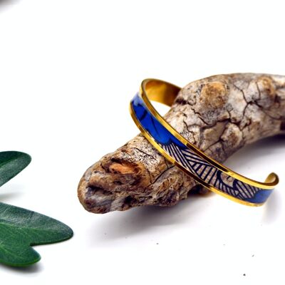 Bracelet jonc manchette motif wax ethnique fleur de mariage bleu or fin