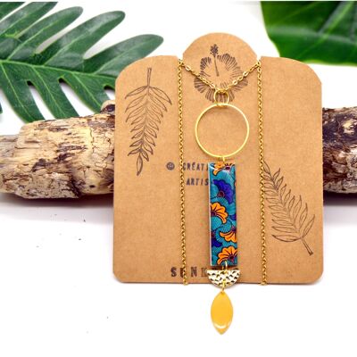 rectangle long necklace in wood and resin paper wax pattern ginkgo flower blue orange gold