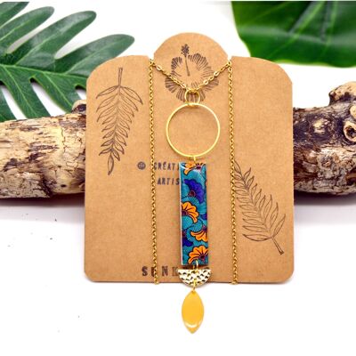 collier sautoir rectangle en bois et papier résine motif wax fleur ginkgo bleu orange doré