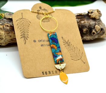 collier sautoir rectangle en bois et papier résine motif wax fleur ginkgo bleu orange doré 5