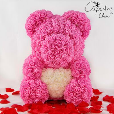 Large Rose Bear Pink with white heart 40cm