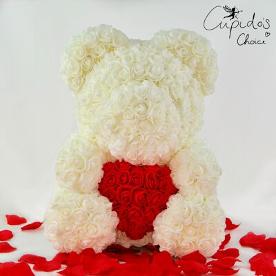 Grand Ours Rose Blanc avec coeur rouge 40cm