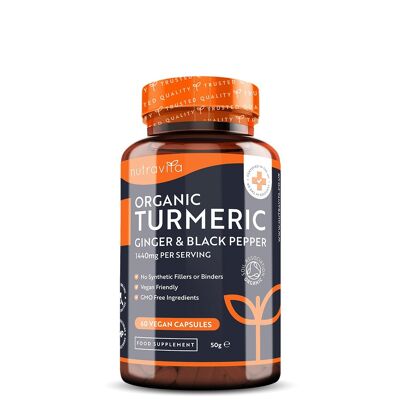Organic Turmeric 1440mg with Black Pepper & Ginger 60 Vegan Capsules - 1 Month Supply