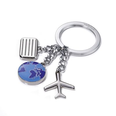 Schlüsselanhänger mit 3 Reise-Anhängern | Flugzeug, Koffer, Weltkugel (blau) | WELTENBUMMLER