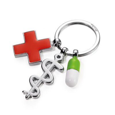 Porte-clés avec 3 pendentifs | Bâton d'Asclépios, croix rouge et pilule | GUÉRIS
