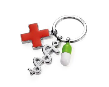 Porte-clés avec 3 pendentifs | Bâton d'Asclépios, croix rouge et pilule | GUÉRIS 1