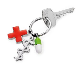 Porte-clés avec 3 pendentifs | Bâton d'Asclépios, croix rouge et pilule | GUÉRIS 2