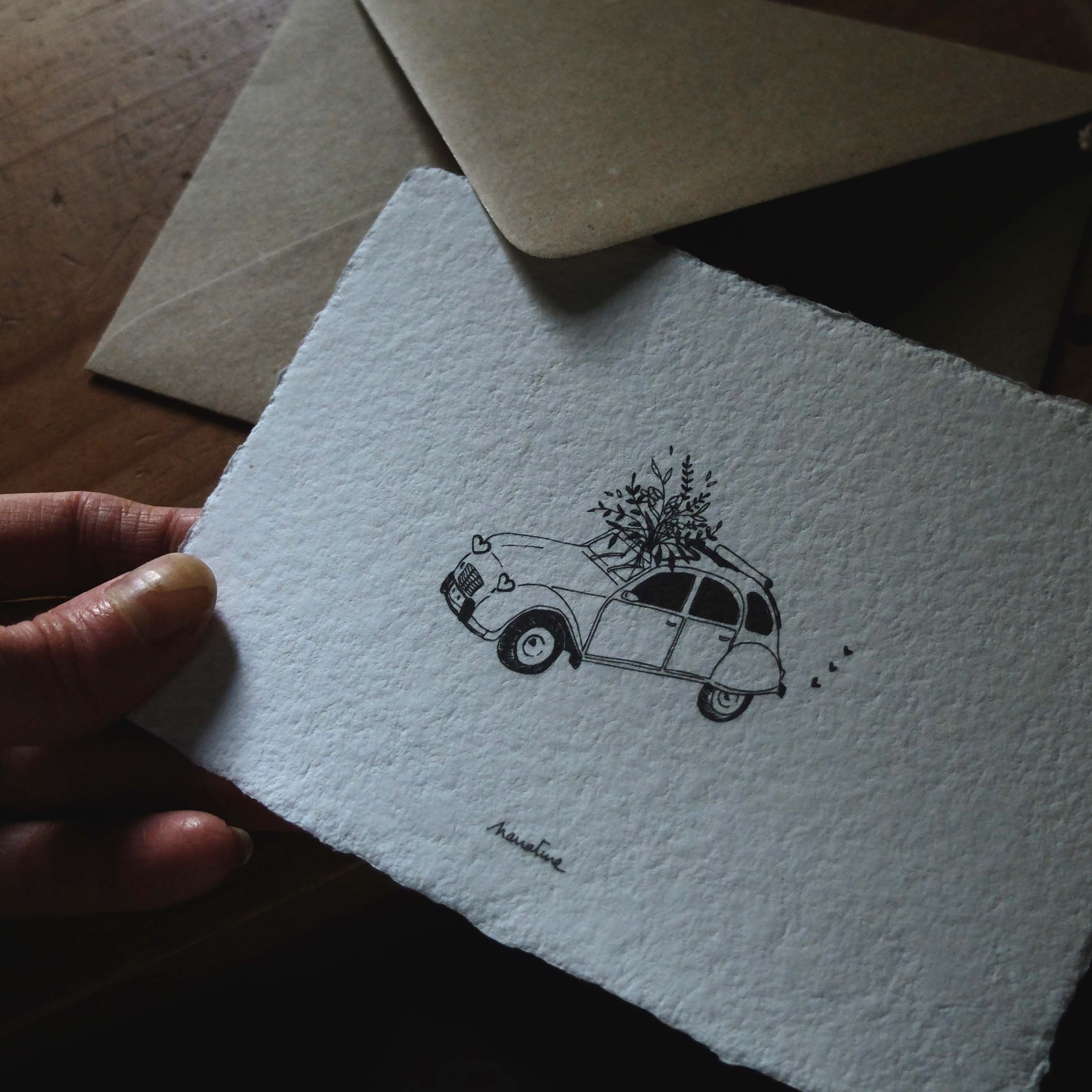 2CV - Carte 10x15 papier fait main et enveloppe recyclée