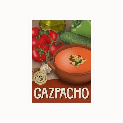 Postkarten mit Abbildungen traditioneller Rezepte. Gazpacho.