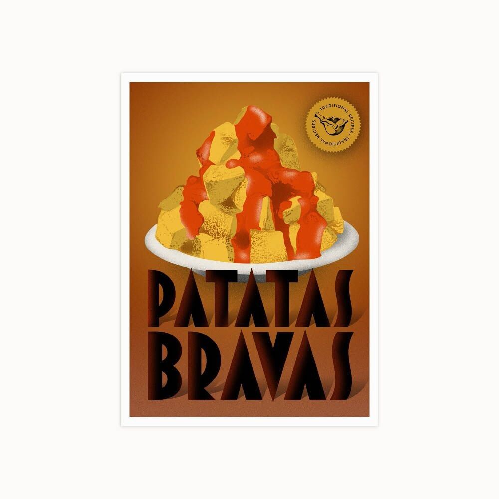Postkarten mit Illustrationen traditioneller Rezepte. Bravas-Kartoffeln.CA5004POPTBR