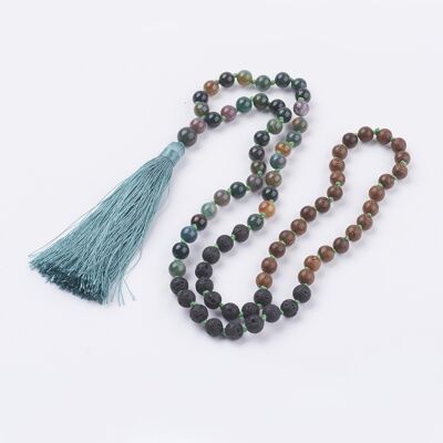 Indian Agate, Lava Rock & Wood Mala Neckalce 8mm beads