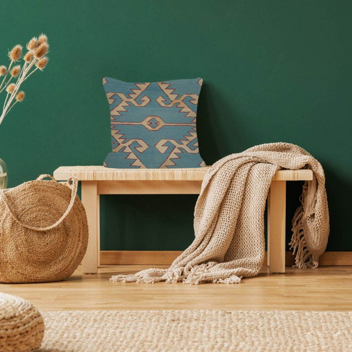 Fodera per cuscino verde scarabeo intrecciata a mano Kilim