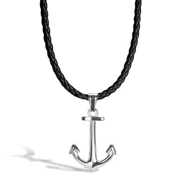 Collier cuir "Ancre" - argent - N014 1