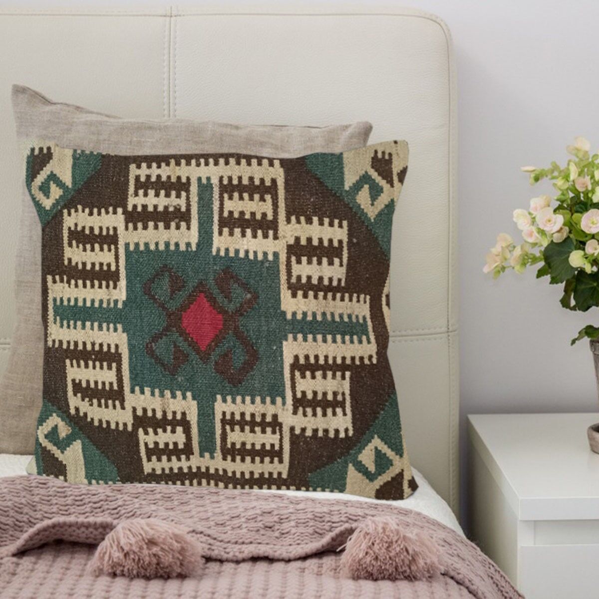 Fodera per cuscino verde lunare Kilim intrecciata a mano