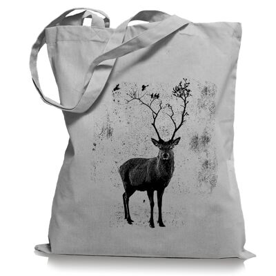 Deer Birds - borsa in tessuto - borsa in tessuto stampato - borsa a borsa in juta stampata con manico lungo