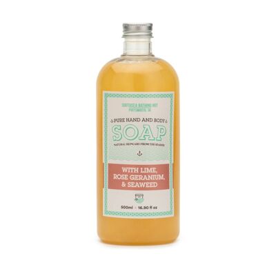 Pure Hand & Body Soap with Seaweed (choice of scents) - Lime & Rose Geranium 500ml - NO PUMP