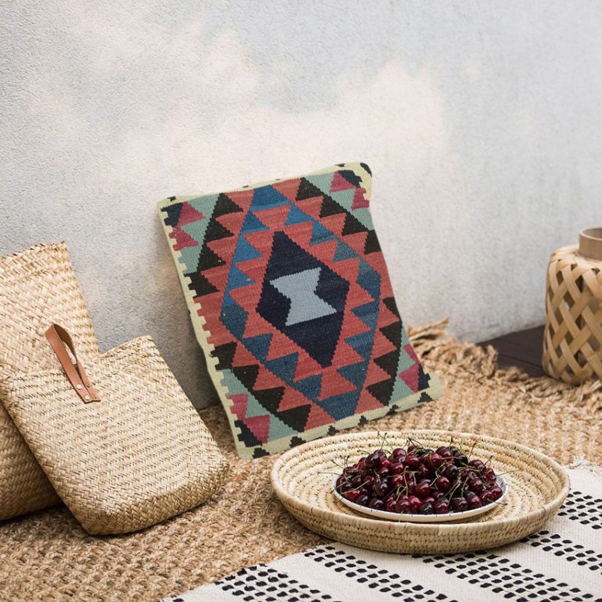 Fodera per cuscino in oliva nera intrecciata a mano Kilim