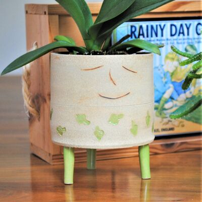 Pflanzer-Smiley-Gesicht mit Beinen und grünen Blättern