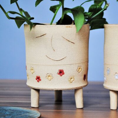 Smiley-Pflanzer mit Beinen und gelben roten Blumen