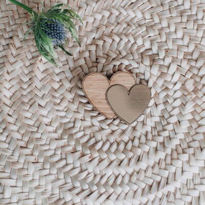 Broche Double Coeur en bois Dorée