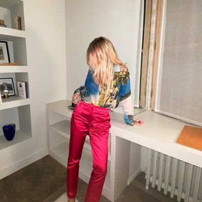 Pantalon de tailleur satiné fuchsia Disco