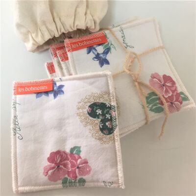 Zero-waste: 7 washable Oeko-Tex GOTS "old flowers" bamboo squares and a small pouch