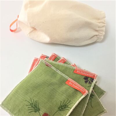 Set of 7 washable wipes + carrying pouch_ Green flowers