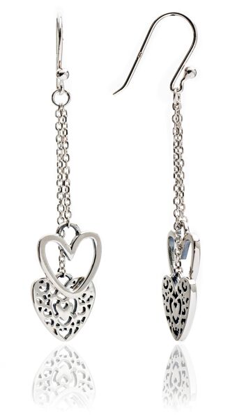 Boucles d'oreilles pendantes avec breloque coeur en argent sterling 925 1