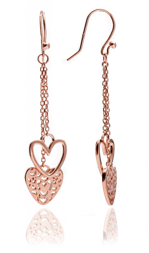 Ladies/Girls 18ct Rose Gold Vermeil Heart Charm Dangle Earrings