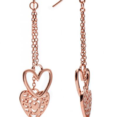 Ladies/Girls 18ct Rose Gold Vermeil Heart Charm Dangle Earrings