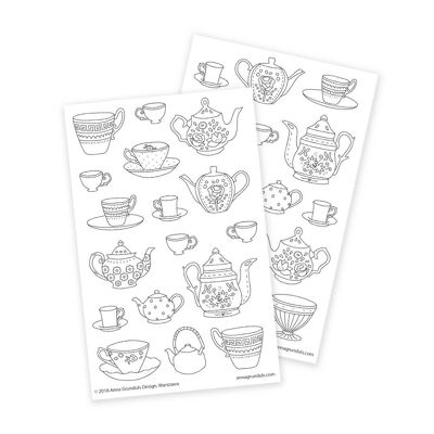 Teapots and Teacups Coloring Stickers, 2 Sheets