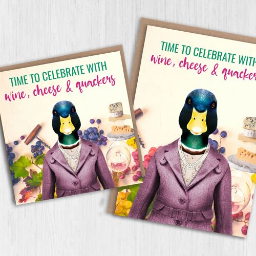 Duck congratulations, birthday card: Wine, cheese and quackers (Animalyser)