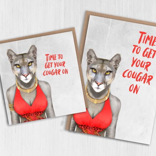 Cougar birthday card: Get your cougar on, off white (Animalyser)
