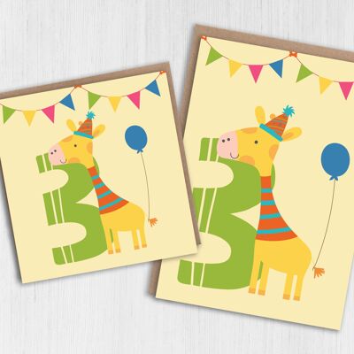 Biglietto d'auguri per bambini per il 3° compleanno degli animali dello zoo, giraffa