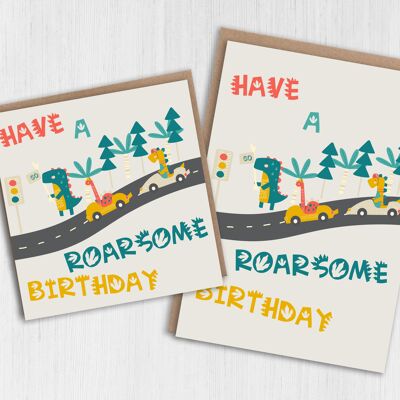 Dino race children's birthday card - Have a roarsome birthday