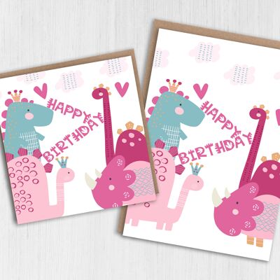 Tarjeta de cumpleaños infantil dinosaurios rosa