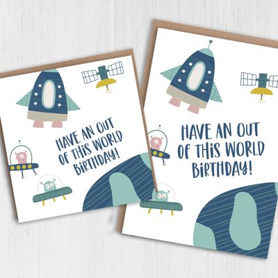 Tarjeta de cumpleaños infantil con temática espacial - Cumpleaños fuera de este mundo