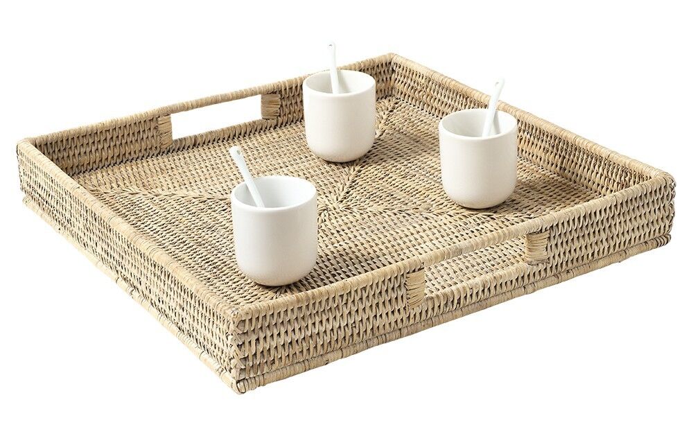 Vassoio quadrato Toba in rattan sbiancato bianco