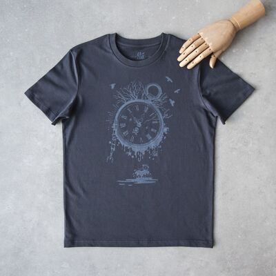 TEMPS DEORT Unisex-T-Shirt aus bläulich-grauer Bio-Baumwolle mit Handsiebdruck