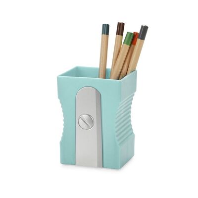 Pot à crayons- Pen holder-Portalápices-Schreibutensilienbehäleter, Sharpener turquoise